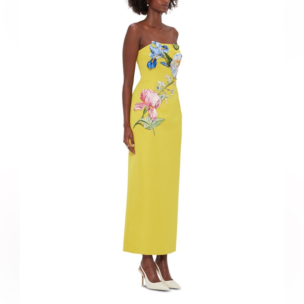 Leo Lin Rayna Floral Appliqué Bustier Maxi Dress Yellow Strapless Luxury - Picture 4 of 6